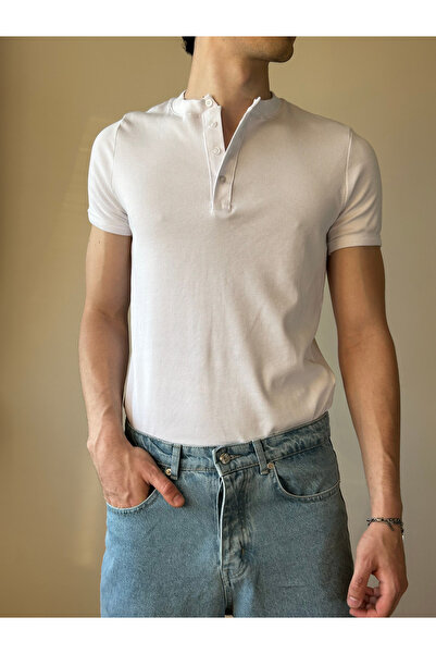 Plus Ninety White Ribbed Buttoned Slim Fit Henley Collar T-Shirt