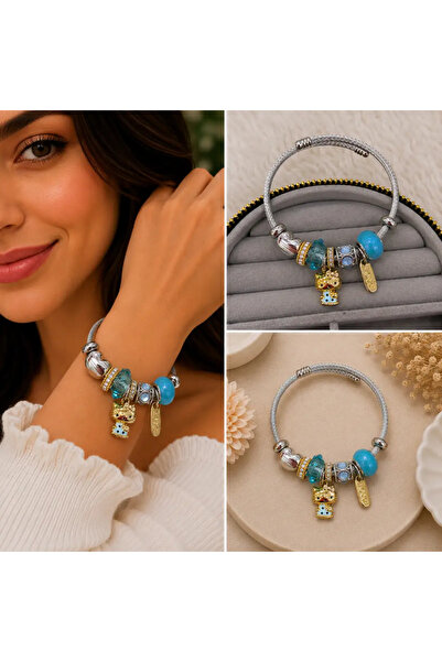 Bozhi Blue Cat Figured Accessory Detailed Silver Color Women's Bracelet Silve...