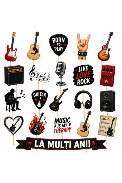 DecoParty Set de decorațiuni pentru tort – Tematică chitară, 21 de piese, Car...