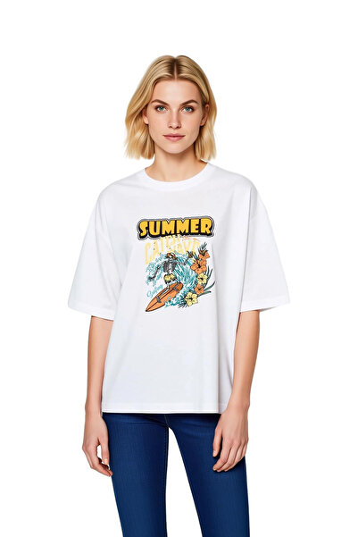 PayBuy تي شيرت نسائي كبير الحجم مطبوع بتصميم Summer Surfing Wave
