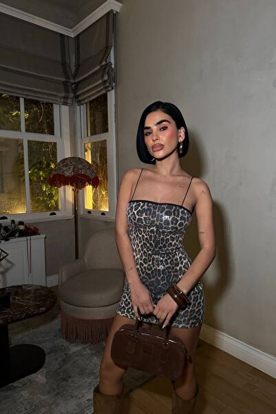 Tayt Factory Thin Straps Sequin Leopard Mini Dress