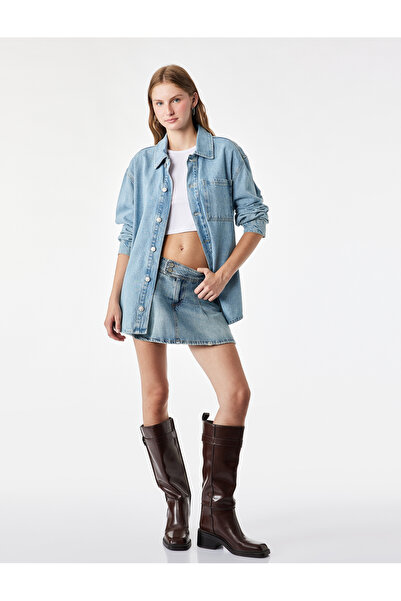 Koton Comfortable Fit Cotton Pleated Denim Shorts Skirt with Pocket Button De...
