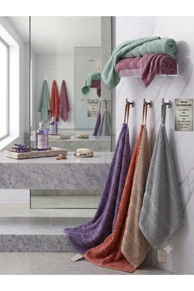 İz Home Luxury Asorti 6lı Banyo Havlu Seti | 100x150 CM | Ultra Emici | %100 Pamuk | Büyük Ölçü | Mor Kiremit Kahve Mürdüm Su Yeşili Gri