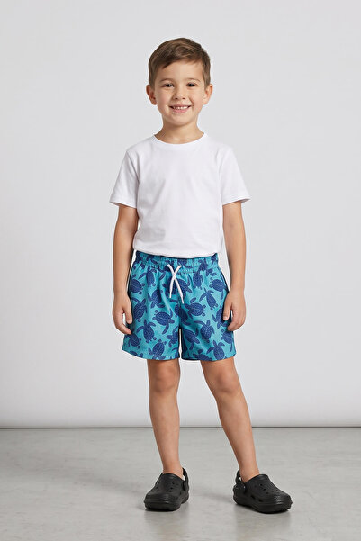 MARKAPIA Boy's Turtle Patterned Mesh Blue Swim Shorts