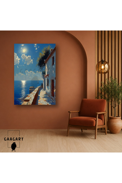 GAAGART Tekli Dikey Kanvas Tablo Ay Işığında Deniz Kıyısı ve Beyaz Ev Manzarası