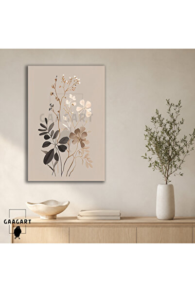 GAAGART Tekli Dikey Kanvas Tablo Bej Gri İnce Çiçek ve Yaprak Dalları Minimal...