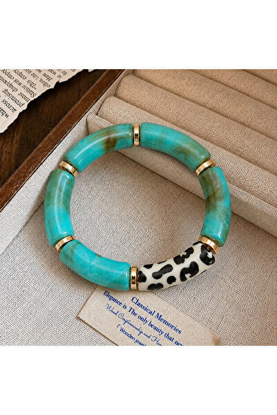 synshop Turquoise Green Bone Marble Patterned and Leopard Detailed Elastic Bo...