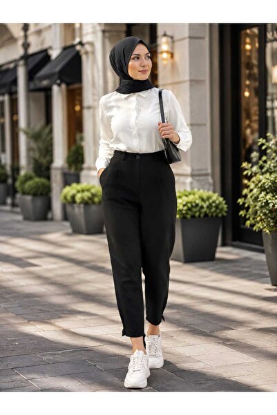 Puane Women's Zra Model Cuffed Button Detailed Ankle Length High Waist Trousers