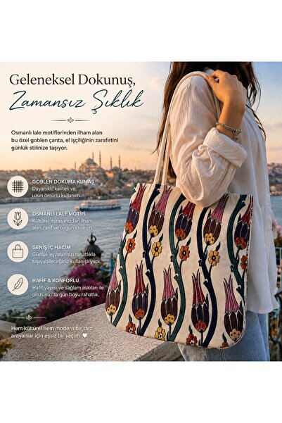 Zehra ana Goblen Woven Shoulder Bag with Ottoman Tulip Motif and Ethnic Pattern