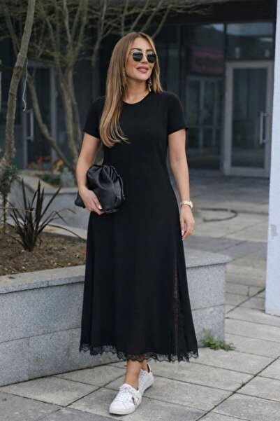 VELİZADE Plus Size Short Sleeve Crew Neck Slit Skirt Lace Detailed Long Flare...