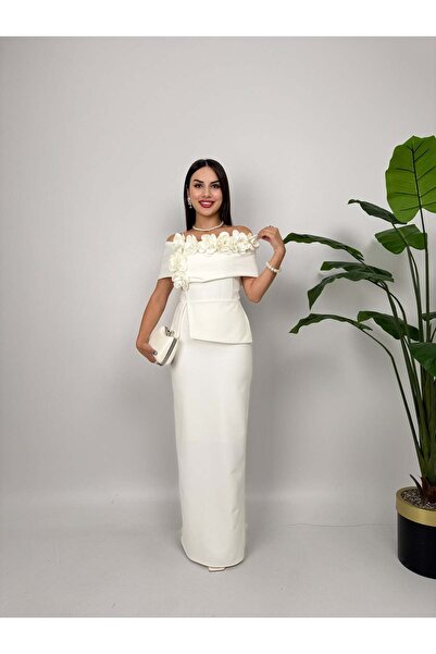 Clothes Fast Women's White - White Carmen Collar Rose Appliqué Peplum Detaile...