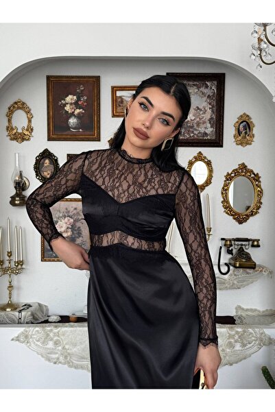 Clothes Fast Women's Black Midi Dress Lace Transparent Detailed Satin Long Sl...