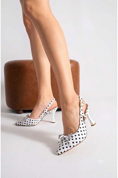 Milano Polka Dot Patterned Bow-Tie Satin Comfortable -Heeled Shoes