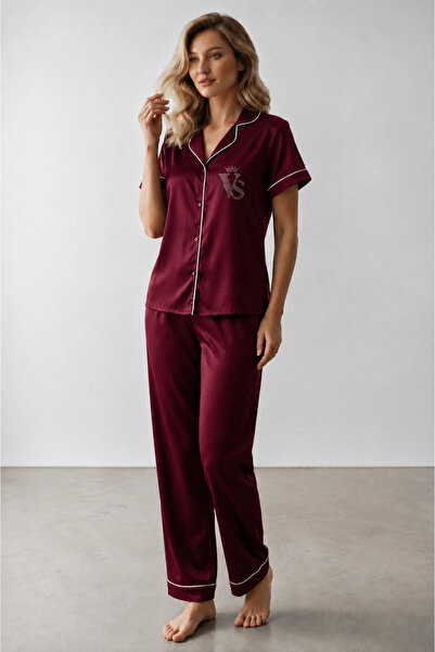 VİP SECRET Short-Sleeved Satin Pajama Set - Stone Printed