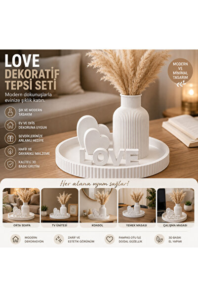 Linia Home Dekoratif LOVE Tepsi Seti – Modern Vazo, Kalp Figürlü Masa Üstü De...