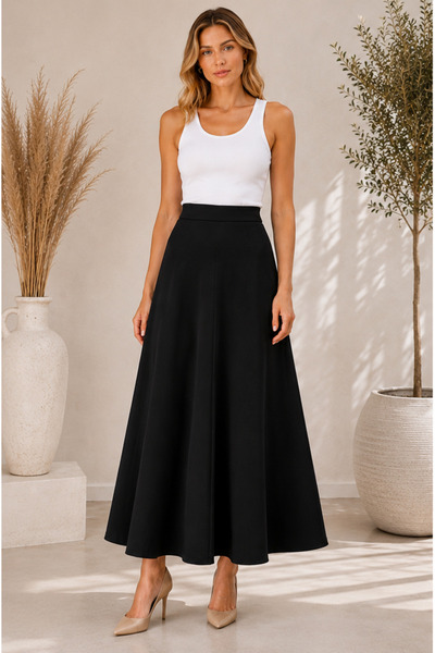 Olse Women's Black Knitted Scuba Crepe Modest and Casual Skirt Height: 94-95 cm