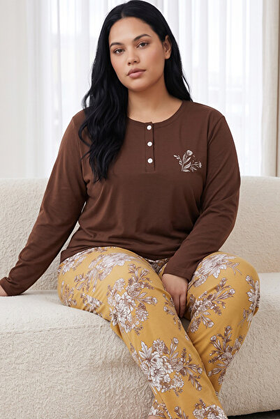Siyah İnci Brown Patterned Buttoned Cotton Lycra Plus Size Oversized Knitted ...