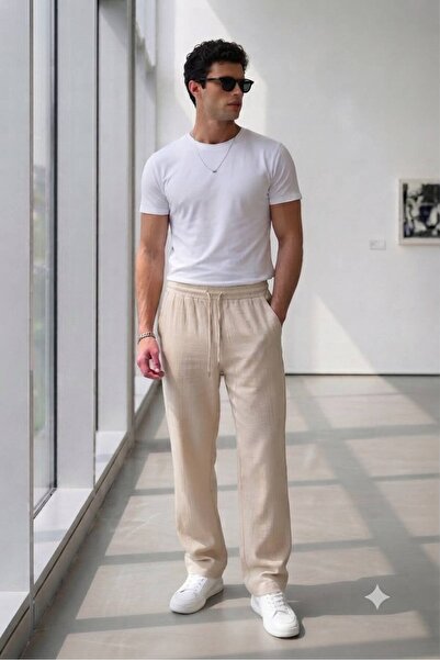 NO 601 Men's Beige Linen Muslin Blend Wide Leg Trousers