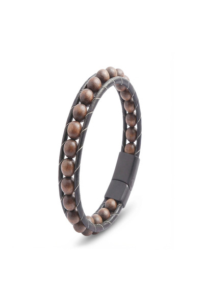 Ceviz Ağacı Boncuklu Deri Erkek Bileklik – 8mm Doğal Ahşap