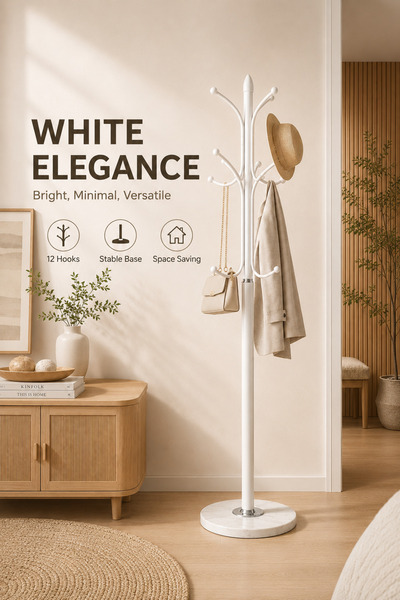 Generic Brand White Freestanding Coat Rack, 12-Hook Coat Stand with Stable Ba...