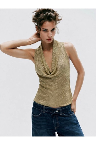 breva wear Metalik İpli Degaje Yaka Sırt Dekolteli Bluz