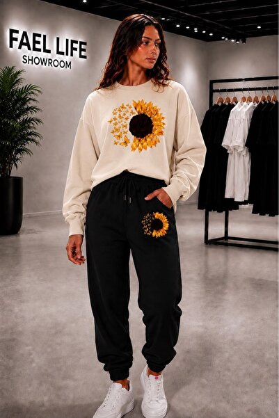 FAEL LİFE Unisex Wide Cut Zero Neckline and Sweatpants Moonflower Printed Set