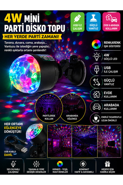 LEDX 4W Mini USB Disko Topu Renkli RGB LED Partilambası, Araba & Ev için360° ...