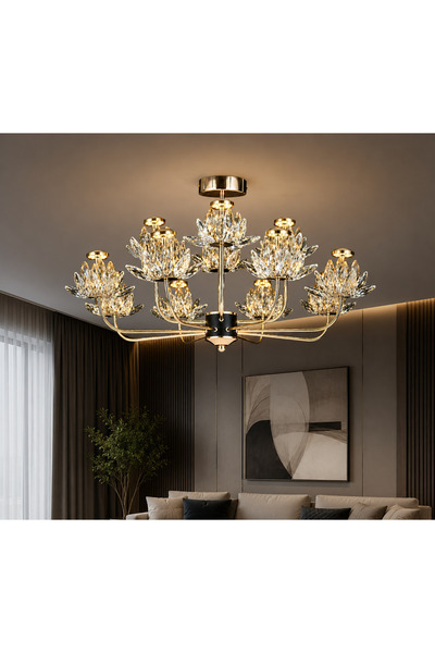 RFAN Candelabru LED RFAN, Model 3532-6+3, Textură de cristal, Metal, 36W, Auriu