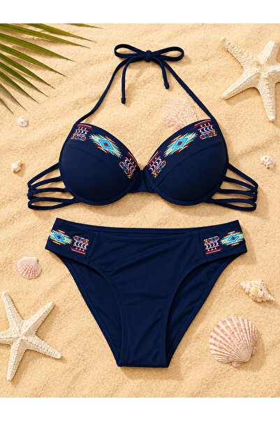 Generic Brand Costum de Baie Damă 2 Piese Bleumarin cu Broderie Colorată – Cu...