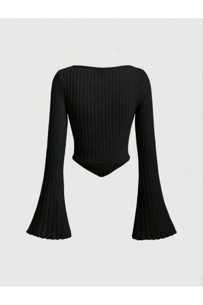 CASUALSTYLE Women's Black Corduroy Gathered Chest Lace-Up Spanish Sleeve Crop Blouse