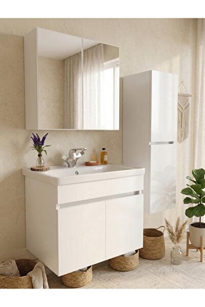 MEBELLİFE VİONA HAVLU DOLAPLI 65 CM SERAMİK LAVABOLU MDF AYNALI BANYO DOLABI