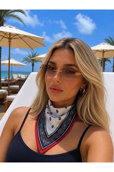 Axesoire 13749-7 Kırmızı Kenarlıklı Lacivert Saten Bandana Fular 70x70 cm