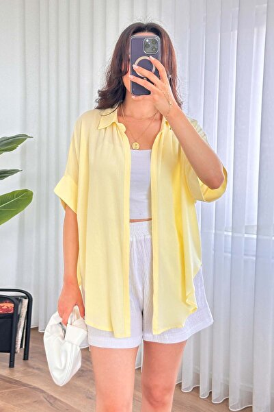 Moda Days Women's Yellow Short Sleeve Tie-Up Kimono Cut Flowy Shirt Collar Bl...