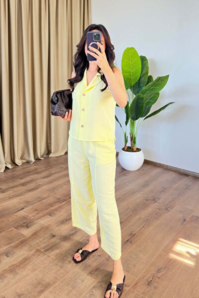 Clothes Fast Women's Yellow Top and Bottom Set Linen Vest Pants Set Buttoned ...