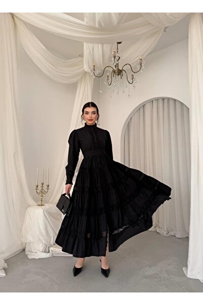 Moda Days Women's Black Midi Dress with Stand Collar, Ruffle Detail, Belted, ...