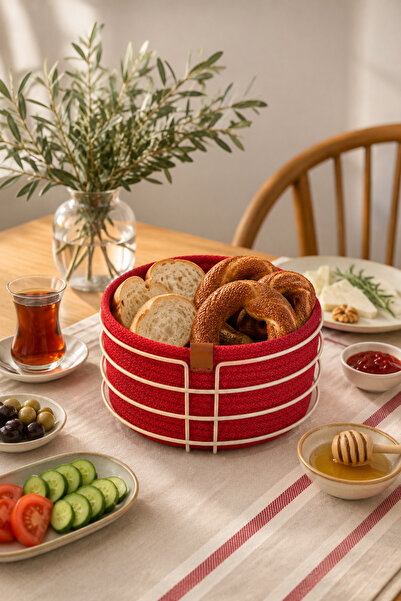 Edora Home Beige Round Bread Basket, Bread Serving Presentation Basket, Red M...