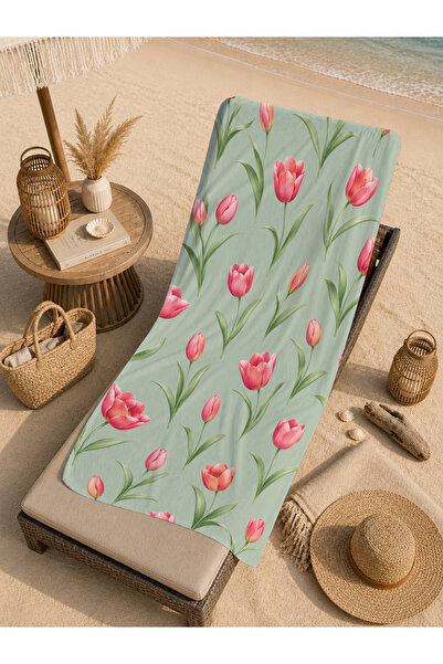 Evmila Pastel Pink Lalele Sage Green Green Grounded 70x150 Prosop de plajă cu...