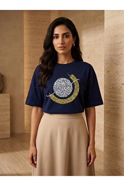 ZAVIXO Oversize T-Shirt with Line Art Calligraphic Pattern Printed Cotton Cre...