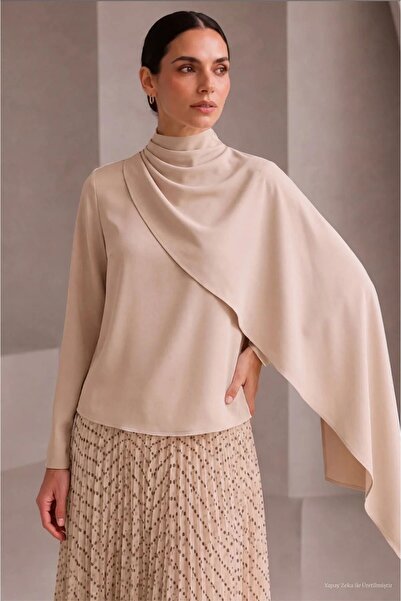 Zühre Beige Blouse with Shawl Detail 0146