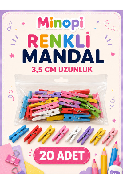 Minopi Renkli Ahşap Mandal 3,5 cm 20 Adet Hobi Etkinlik ve Süsleme Mandalı