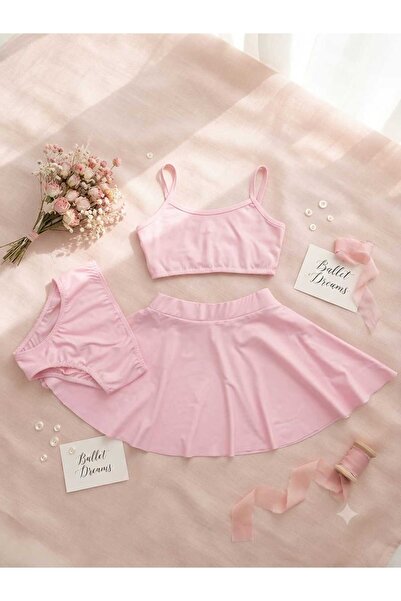 ARBİ kids Girl's Pink Three-Piece Skirted Bikini Set