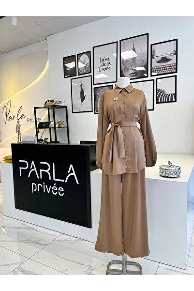 Merwish Camel Broşlu Saten Takım