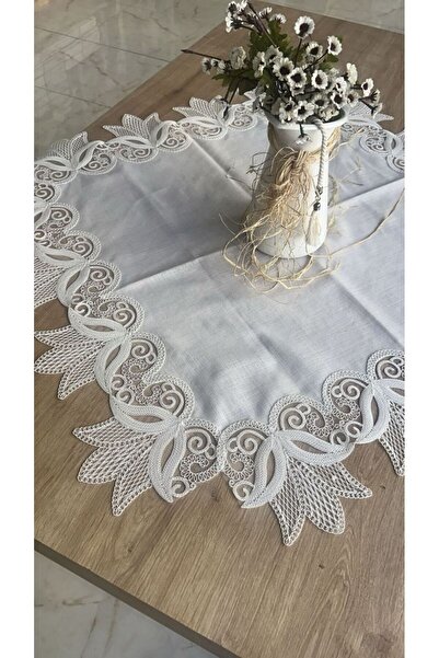 Ceki Home Kayla Kreme Krem 88x88 cm Fransız Dantel Detaylı Kare Sehpa Örtüsü ...