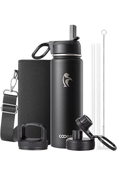 Coolflask 1.9 L Insulated Water Bottle Stainless Steel with Straw & 3 Lids | ...