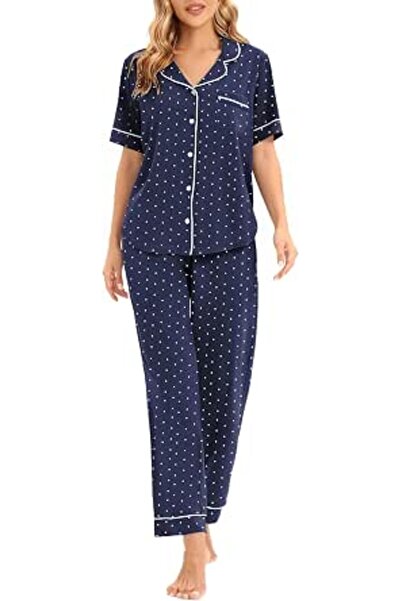 LUBOT 100% Cotton Pajamas for Women PJ Set Button-Down Knitted Soft Long Shor...