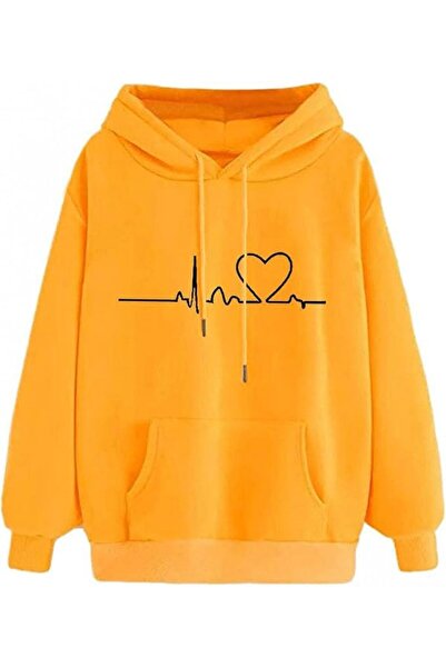 GENERAL Women Oversized Hoodies Heart Print Casual Sweatshirts Solid Colour H...