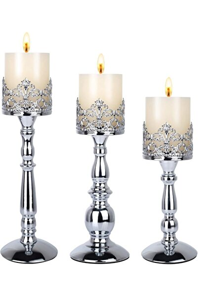 GENERAL DRELIFAM Candle Holders for Pillar Candles Set of 3 Silver Vintage Ta...