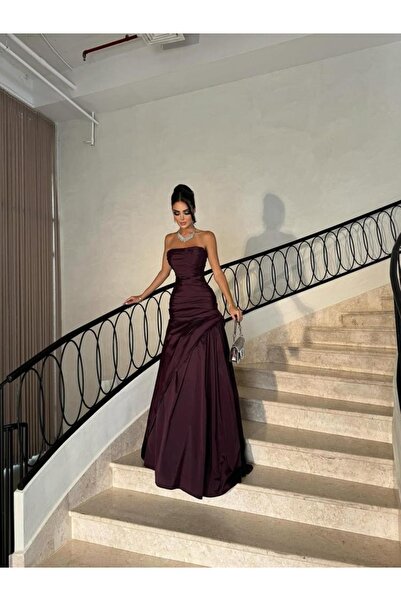 ALPHALUNA Evening Dress with Pleated Sides, Gray Color