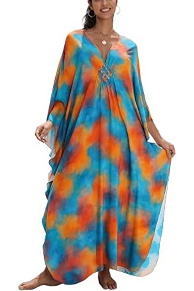 YouKD Maxi Dress V-Neck Kaftan Boho Robes Beach Cover-ups Dress Maxi Garment ...