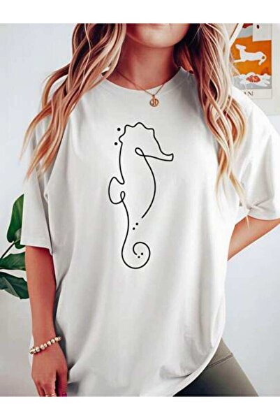 23ERVA Seahorse Design, Women's Pure Cotton T-Shirt, Summer Wear, Beach Outfi...